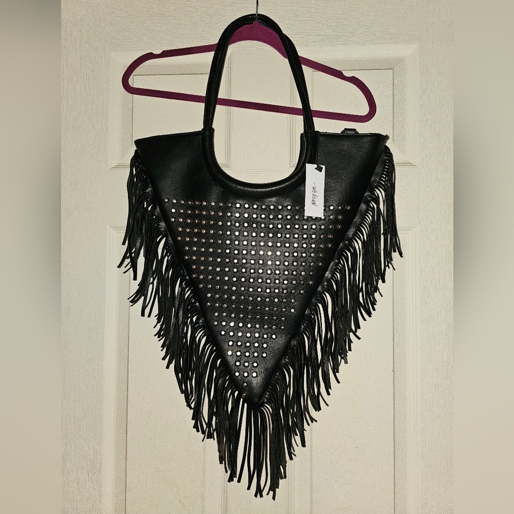 NWT Black Fringe Studded Handbag - Picture 2 of 2